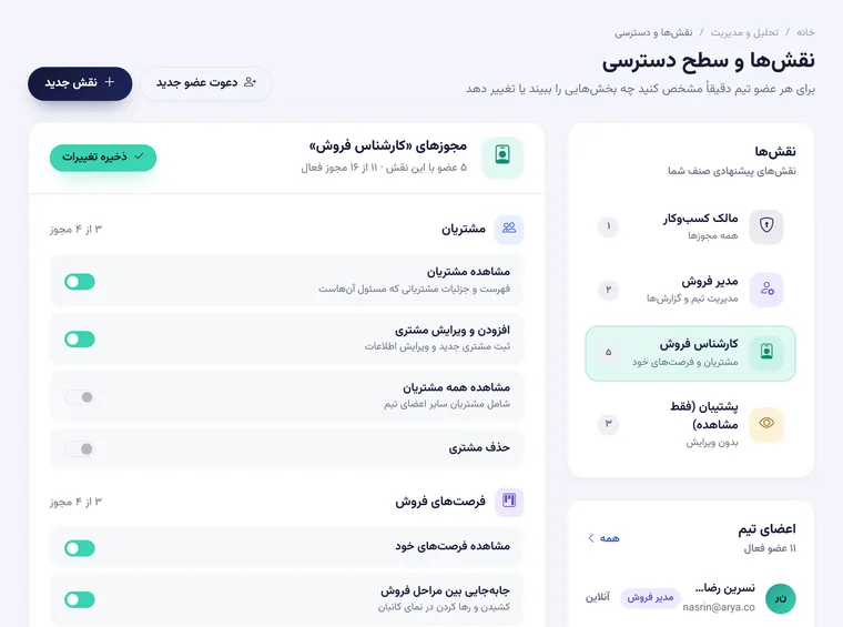 صفحه نقشها و مجوزهای دسترسی اعضای تیم در همراه CRM