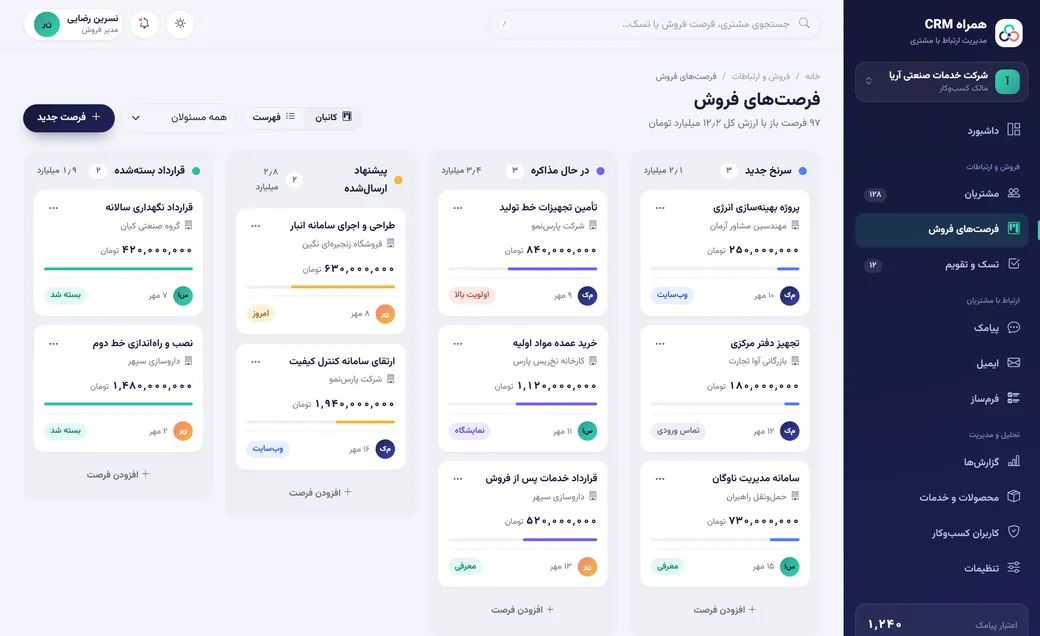 نمای کانبان فرصتهای فروش در همراه CRM